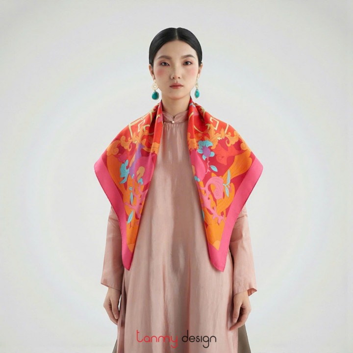 Silk scarf - Pomegranate - pink border - 90x90 cm